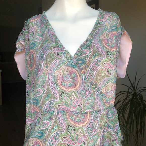 All Saints Zini Shahmina Lined Lightweight Paisley Wrap Dress Grn Pnk Sz 8 NWT - Picture 2 of 12